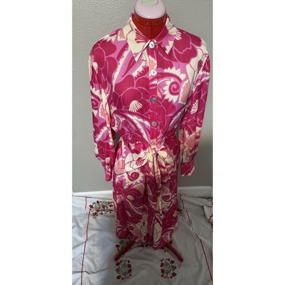 FARM Rio Dresses & Skirts - FARM‎ Rio Pink Floral Beaded Sleeve Button Front Midi Dress Womens S